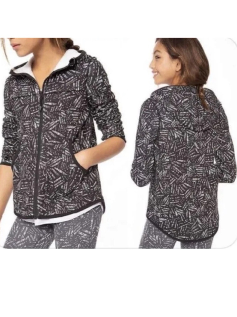Ivivva by lululemon girls' black and white abstract print zip-up hoodie.